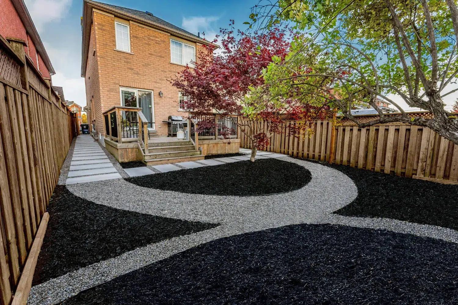 elegant back yard interlocking driveway landscaping